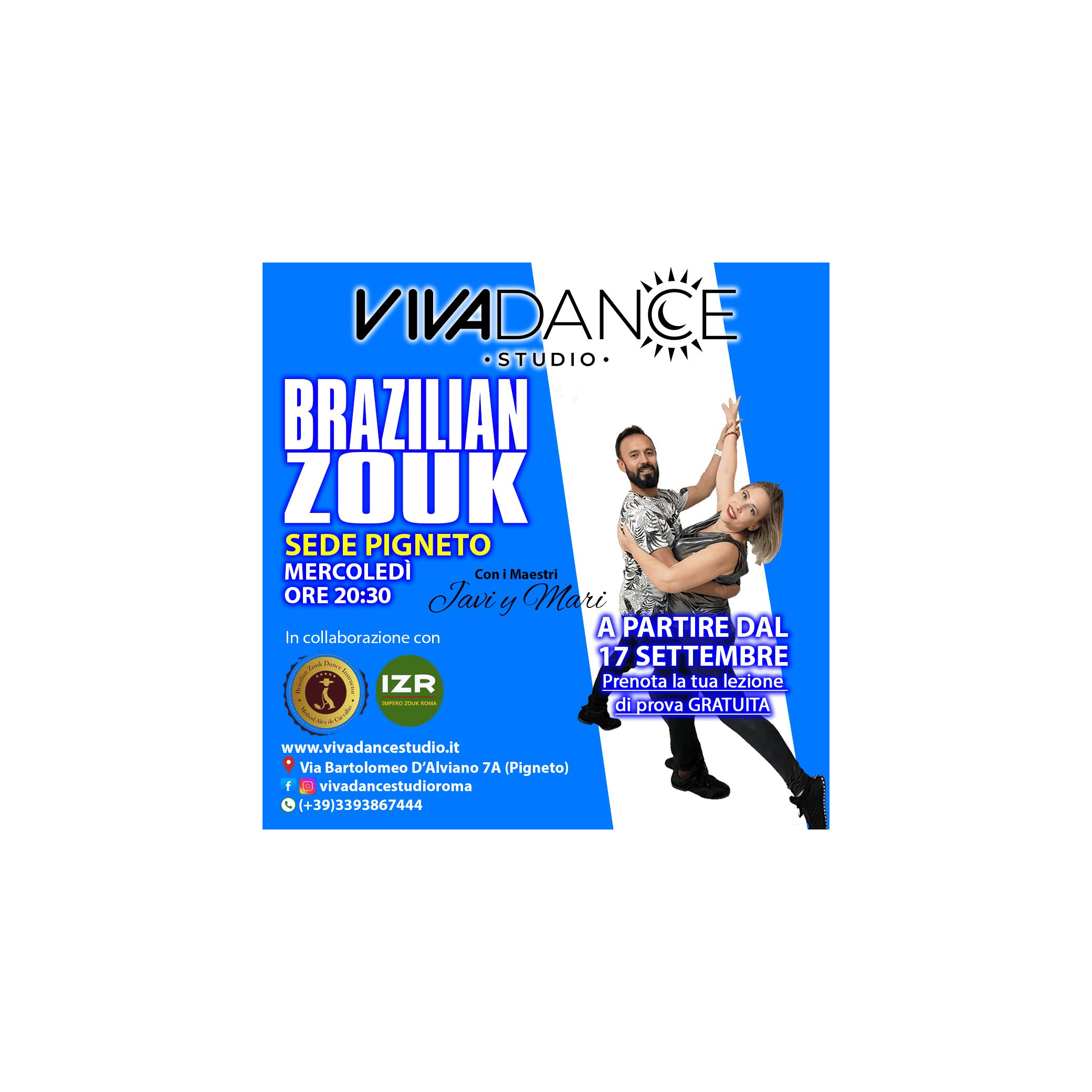 Brazilian Zouk lessons 2025 poster at Viva Dance Studio, Rome